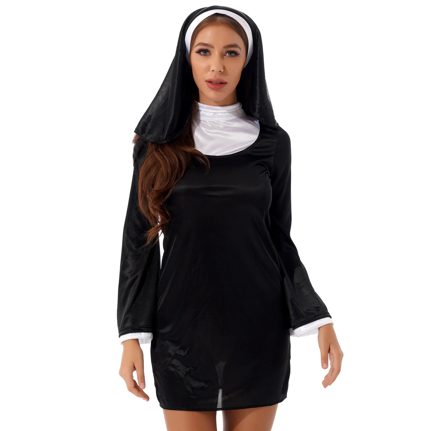 Lady Women Nun Cosplay Costume Role Play Halloween Carnival Stage Outfit High Neck Flare Sleeve Dress with Headscarf